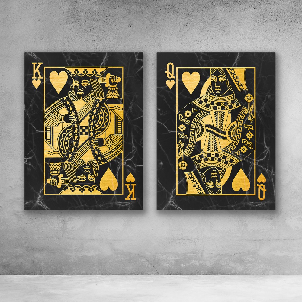 King And Queen Of Hearts 2 Piece Set Marble Wall Art (Black/Gold